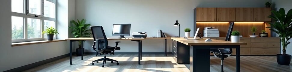 Modern office space with ergonomic desk chair and sleek workspace, work, modern