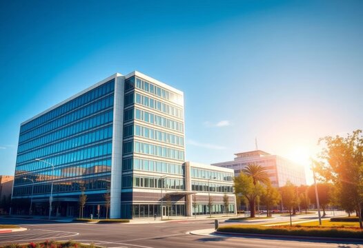 Modern office building, sunny day, San Ramon, California skyline, bright,  office park
