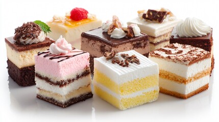 Delicious Assortment of Cake Slices on White Background for Dessert Lovers