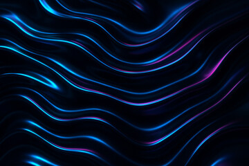 Obraz premium Abstract glossy fluid waves in deep navy and black, shimmering with neon blue, purple, and pink reflections, liquid silk effect, futuristic and digital aesthetic