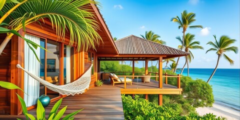Fototapeta premium Modern wooden beach house balcony hammock lush green landscape, escape, view