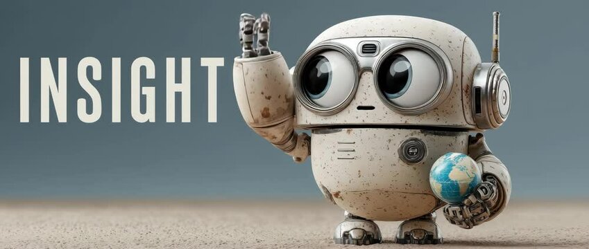 Cute robot holding a small globe gestures energetically while speaking, set against a clean studio backdrop. Camera performs a gentle arc from front-left to front-right. The word "INSIGHT" in bold.