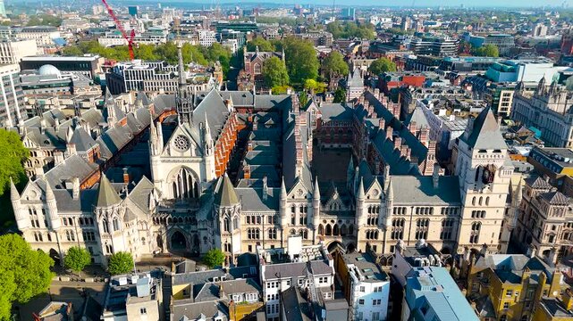 Panoramic drone shot of the Royal Courts of Justice in central London. Ideal for legal, tourism, education, and architecture-related commercial use.