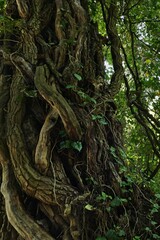 Old thick trunks of climbing plant Common Ivy, latin name Hedera Helix, twining around the trunk of very old broadleaf tree. Green leaves of young Ivy stems are visible. 