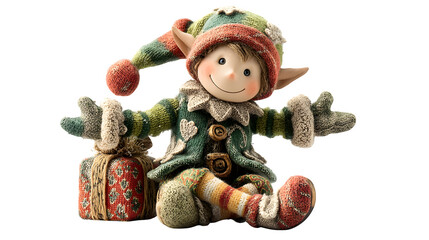 A cheerful holiday elf figurine dressed in bright green and red, perfect for festive decor, shown on white --ar 16:9 --v 7.0 --s 750