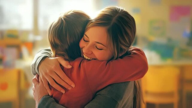 Two friend meet and hug each other with happy face
