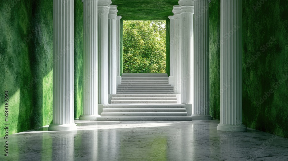 Poster elegant hallway with white columns and green walls leading up via ascending marble steps