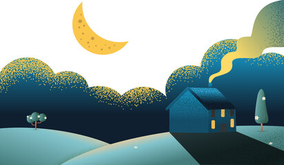 Beautiful cabin hut on the hills in the night scene  landscape texture style illustration