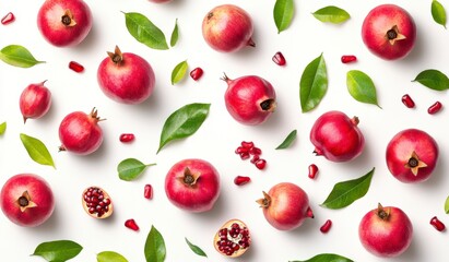 Fresh Pomegranates and Green Leaves Arranged on White Background