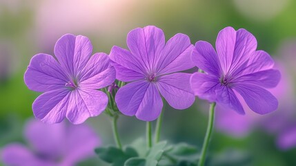 Fototapeta premium Floral trio: Enchanting purple geraniums in soft focus against a blurred backdrop