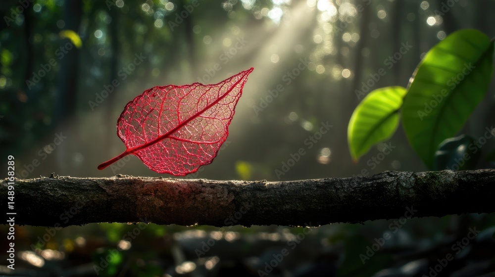 Poster fragile red leaf like lace, close-up on branch with intricate veins in glowing sunlight