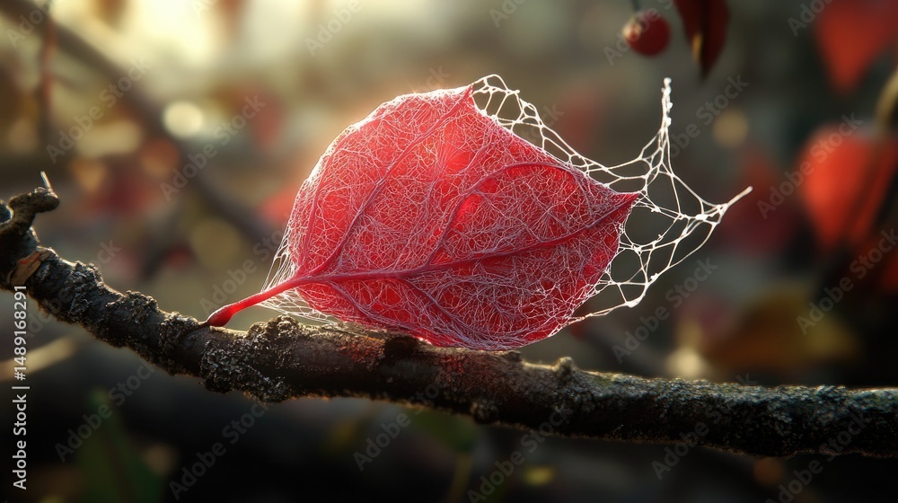 Poster Fragile red leaf like lace, close-up on branch with intricate veins in glowing sunlight