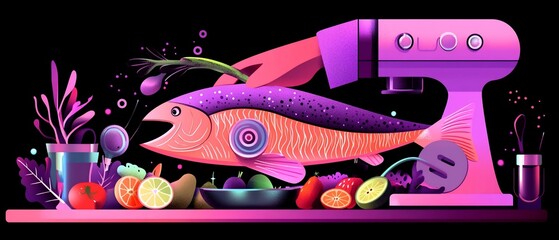 Abstract scene featuring a fish, mixer, and fruit