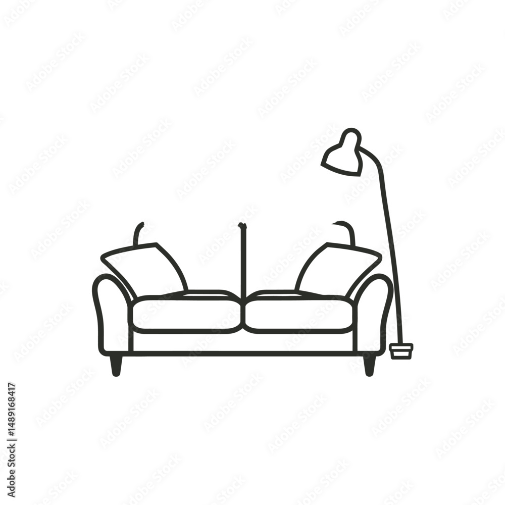 Poster minimalist drawing shows a modern couch and a floor lamp on transparent background