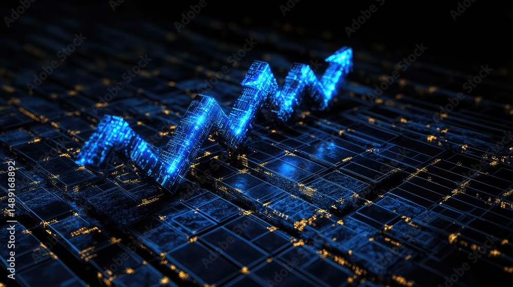 Poster futuristic blue digital graph with glowing lines and upward arrows over a dark grid background, symb