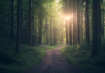 Obraz premium Serene Forest Pathway Surrounded by Lush Green Trees and Sunlight