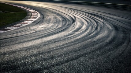 A captivating view of an empty F1 track featuring sweeping curves and tire marks. The evening light creates a peaceful atmosphere, emphasizing the dynamic lines and textures of the asphalt.