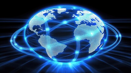 3D-rendered globe with bright blue network links connecting major cities, symbolizing worldwide internet connectivity, digital communication, and global business