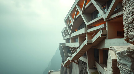 Fototapeta premium avant-garde brutalist fashion school, early 1980s architecture, perched on cliff edge, created by generative ai