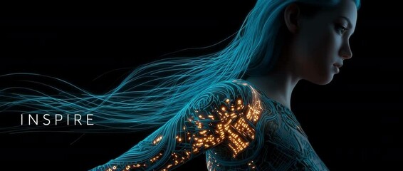 Cinematic profile of a blue-haired humanoid with glowing circuits flowing from her shoulders, wind-swept strands trailing behind her. Side dolly shot. The word "INSPIRE" in the lower left corner. - Powered by Adobe
