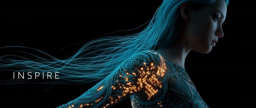 Cinematic profile of a blue-haired humanoid with glowing circuits flowing from her shoulders, wind-swept strands trailing behind her. Side dolly shot. The word "INSPIRE" in the lower left corner.