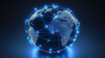 Fototapeta premium 3D-rendered globe with bright blue network links connecting major cities, symbolizing worldwide internet connectivity, digital communication, and global business, isolated on dark gradient background.