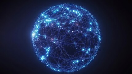 Naklejka premium 3D-rendered globe with bright blue network links connecting major cities, symbolizing worldwide internet connectivity, digital communication, and global business, isolated on dark gradient background.