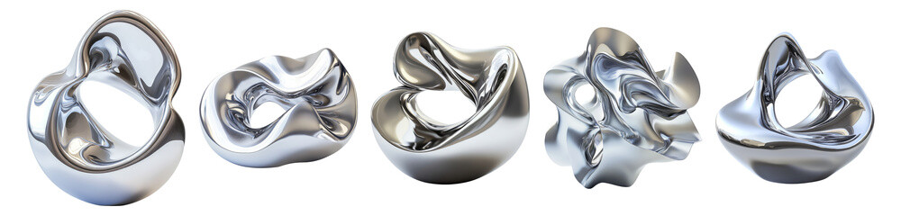 Abstract Metallic Sculptures Expressing Fluid Shapes and Forms, Isolated on Transparent, white background