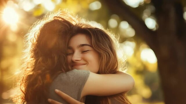 Two friend meet and hug each other with happy face