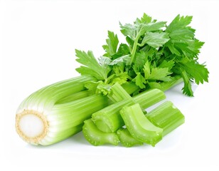 Fresh and vibrant celery, showcasing its crisp green stalks and leaves. A healthy and nutritious vegetable, perfect for culinary and dietary needs