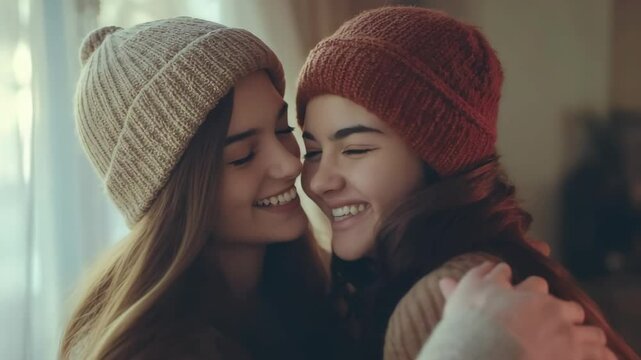 Two friend meet and hug each other with happy face