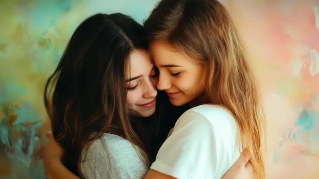 Two friend meet and hug each other with happy face