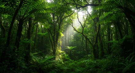 Obraz premium Sunlight Beams Through Dense Tropical Jungle