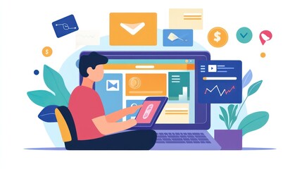 Fototapeta premium Content creator designs digital ads using graphic tools on a laptop for an online business.