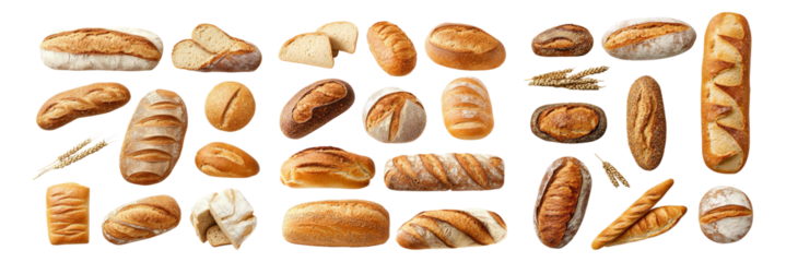 Assortment of Freshly Baked Bread Varieties on White Background, Isolated on Transparent, white background