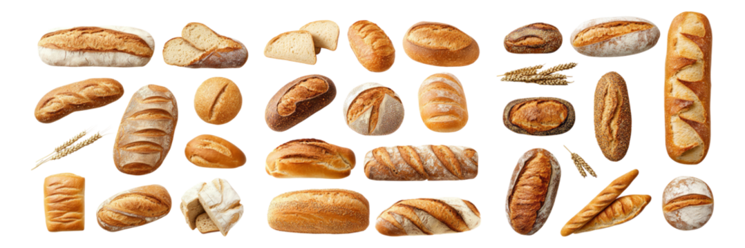 Assortment of Freshly Baked Bread Varieties on White Background, Isolated on Transparent, white background