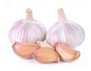 Obraz premium Fresh Garlic Cloves: A close-up studio shot highlights the intricate details of fresh garlic bulbs and cloves, perfect for culinary and health-related applications.