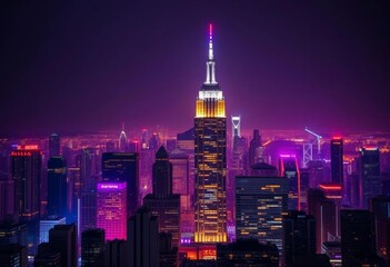 Obraz premium Neon-drenched skyscrapers pierce a dark cityscape, glow, city at night