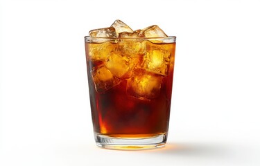Refreshing Glass of Dark Soft Drink with Ice Cubes on White Background