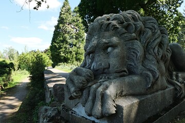 Ancient stone statue of sleeping lion placed on columnt next to low stone wall in park, coniferous trees in background, spring daylight sunshine. 