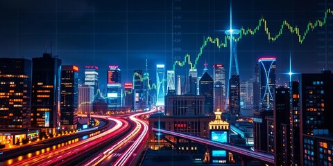 Night city skyline, technological stock exchange chart overlay, glow, financial