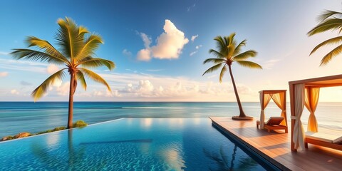 Obraz premium Oceanfront infinity pool, swaying palm trees, luxurious cabanas, cabanas, sun