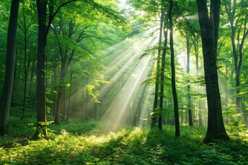 Obraz premium Sunbeams Illuminate Lush Green Forest Nature Photography