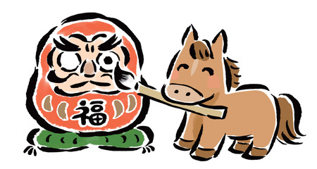お正月にだるまに目を書き入れて願掛けする干支の馬（午）
