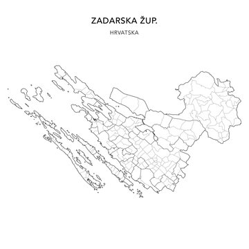 Vector Map of Zadar County (Zadarska Županija) with Settlements (Naselja), and Cities, Towns (Gradovi), and Municipalities (Općine) - Croatia 2025