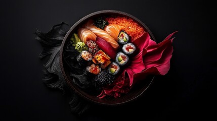 Fototapeta premium Artistic sushi bowl with salmon, tuna, roe, & maki on a dark background