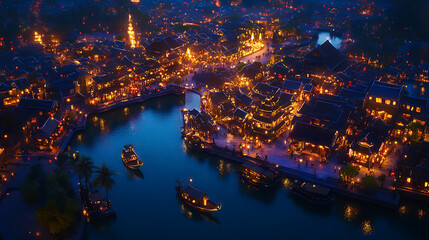Spectacular ancient cityscape of Hoi An illuminated at twilight