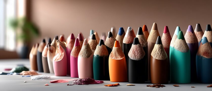 Assorted colored pencils stand on a surface with colored pencil shavings - Powered by Adobe