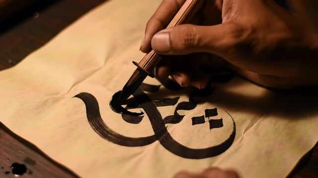 Skilled Calligrapher's Hand Meticulously Inking Elegant Ancient Script on Parchment