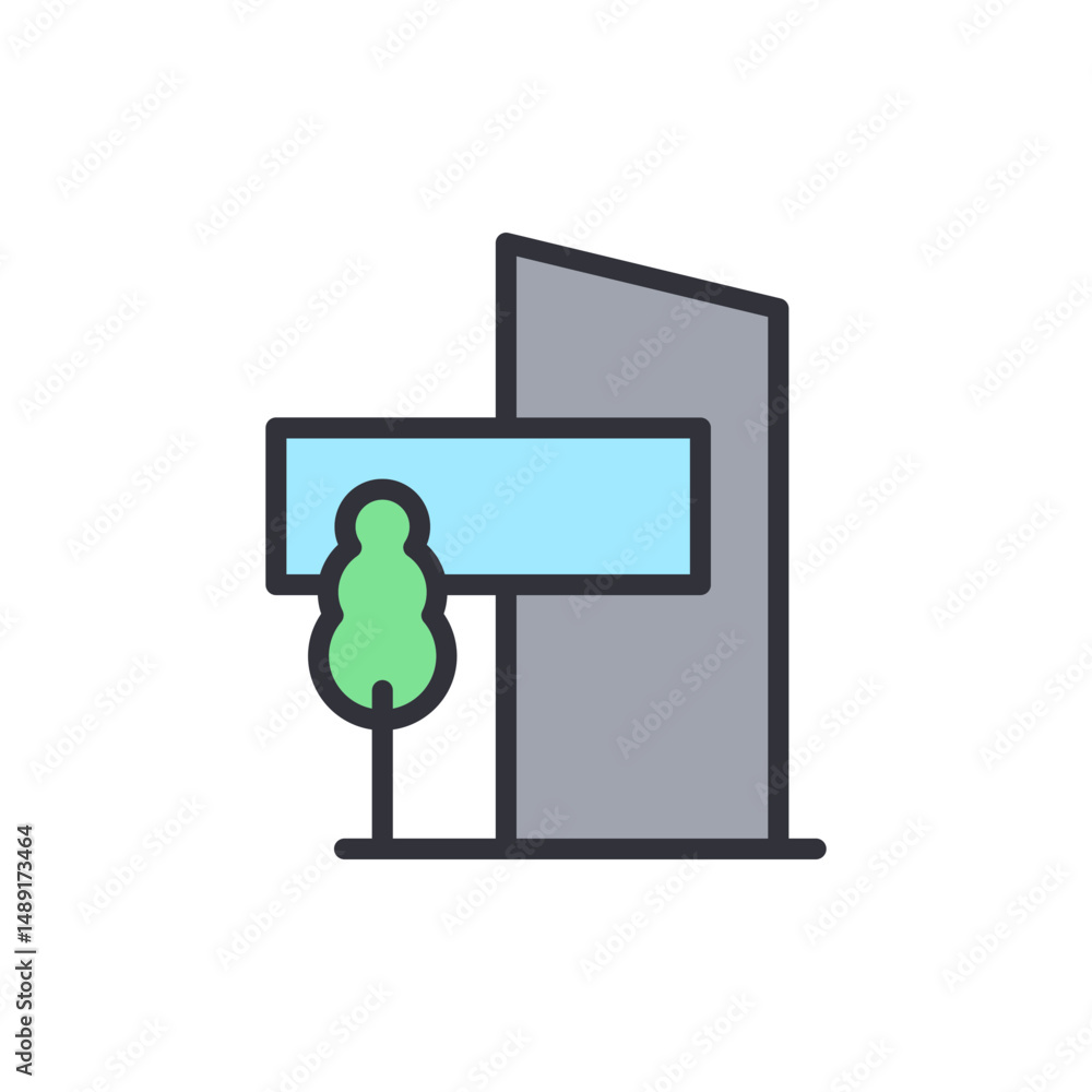 Poster Modern Architecture Building With Blank Sign And Lush Green Tree Icon